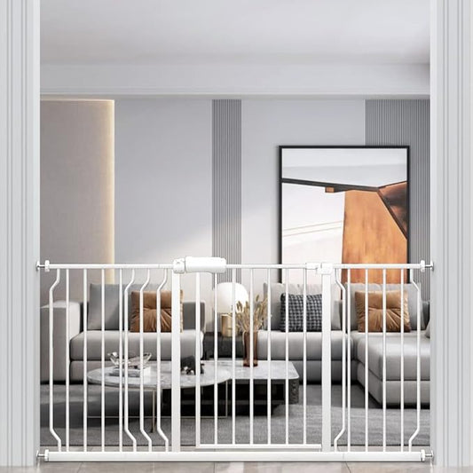 WAOWAO Baby Gate 57.48-62.17" Extra Wide Pressure Mounted Walk Through Swing Auto Close Safety White Metal Toddler Kids Child Dog Pet Puppy for Stairs,Doorways,Kitchen
