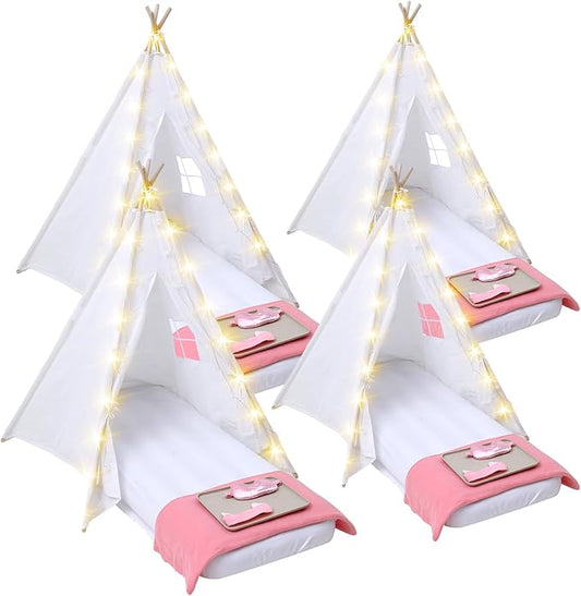 Windyun 4 Pack Kids Teepee Tent for Slumber Party with Mattress and Lights, Sleepover Tents for Girls Boys Indoor Outdoor Cotton Teepee for Kids with Airbed Tray Blanket Birthday Party Supplies(White)