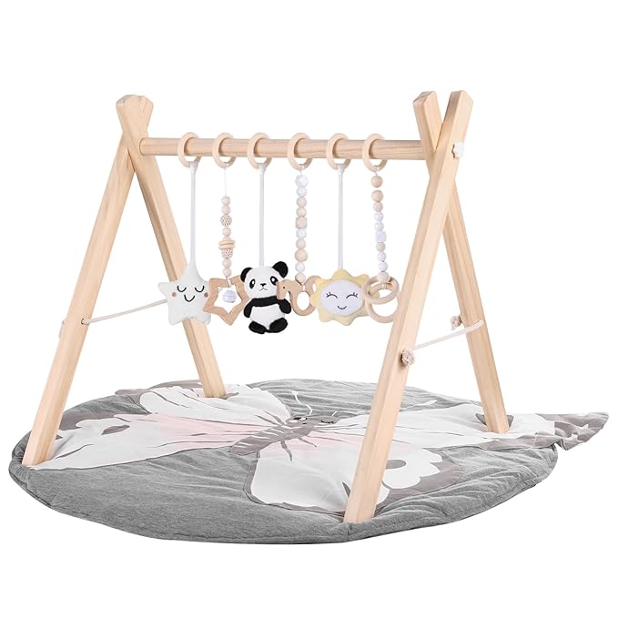 Wooden Baby Play Gym with Mat, Foldable Baby Activity Gyms with 6 Sensory Hanging Panda Toys, Tummy Time Baby Infant Toys (Butterfly)
