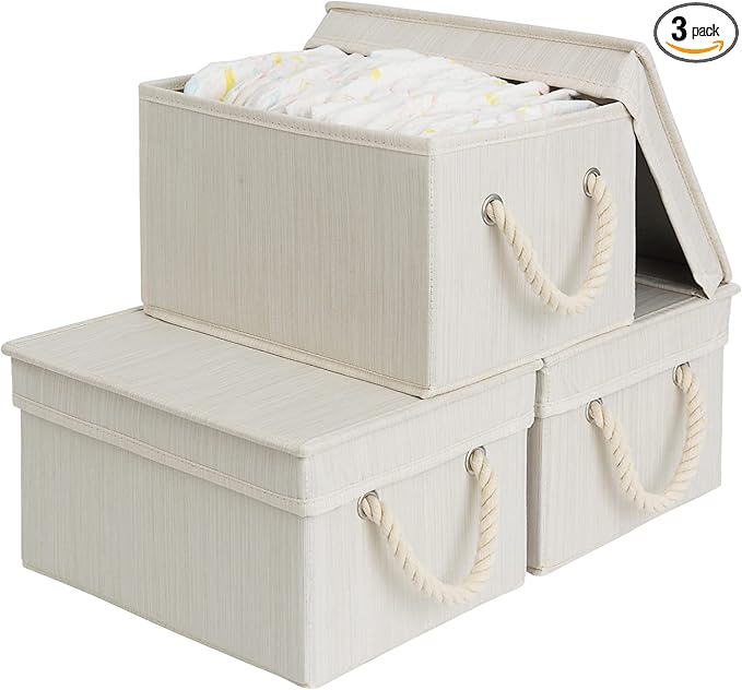 StorageWorks Storage Bins with Lids, Decorative Storage Boxes with Lid and Soft Rope Handles, Foldable Storage Baskets for Closet, Shelves, Stackable, Ivory and White, Medium, 3-Pack