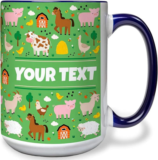 Personalized Mug for Kids - Farm Animals - Custom Name/Text, Ceramic Hot Chocolate/Cocoa/Coffee Cup for Boys/Girls, Birthday/Christmas/Holiday Gift - 15 oz, Navy Blue Handle