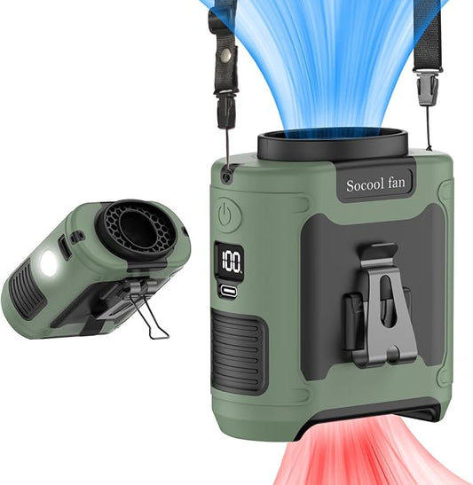 Socool 10000mAh Portable Waist Fan Clip on Wearable Belt Personal Fan Rechargeable Battery Operated With 5 Speeds & Flashlight Neck Hands-Free 40H Cooling For Outdoor Travel Camping Power Bank(Green)