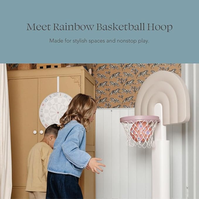 PLAYSMOL Basketball Hoop for Toddlers & Kids, Rainbow Backboard with Blue Rim, Indoor Outdoor Mini Basketball Hoop, Adjustable Height, Colorblock Plush Ball Included, Ages 18m+