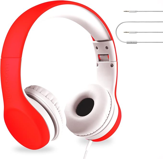 LilGadgets Connect+ Wired Kids Headphones for School with Mic, Volume Limited & Noise Reduction, On-Ear Headset with Cord, SharePort Technology for Multiple Kids & SoftTouch Padding, Red