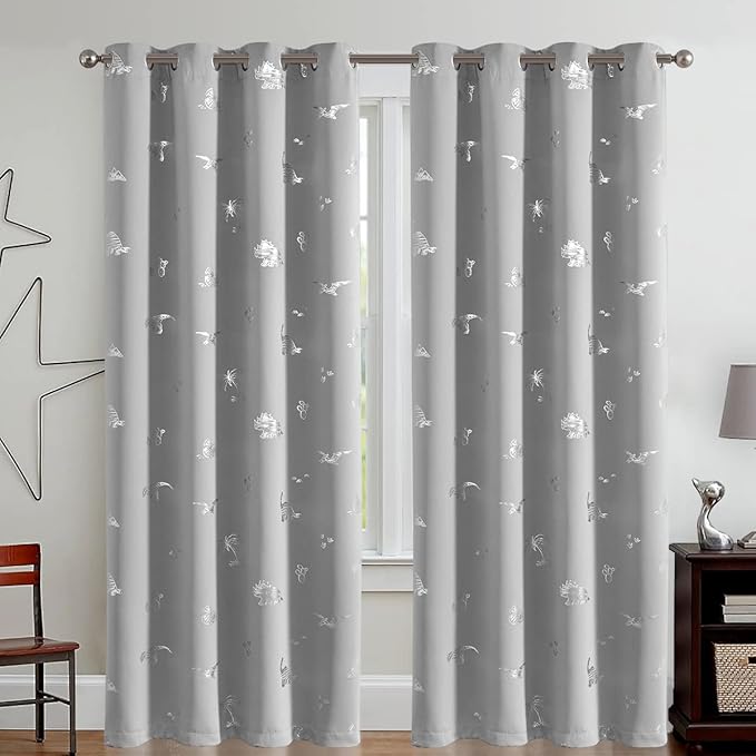 Vangao Kids Curtains Grey Blackout Dinosaur Curtains for Boys Kids Nursery Girls Room Silver Dino Foil Print Thermal Insulated Drapes Grommet Top Window Treatments 84 Inches Length 2 Panels