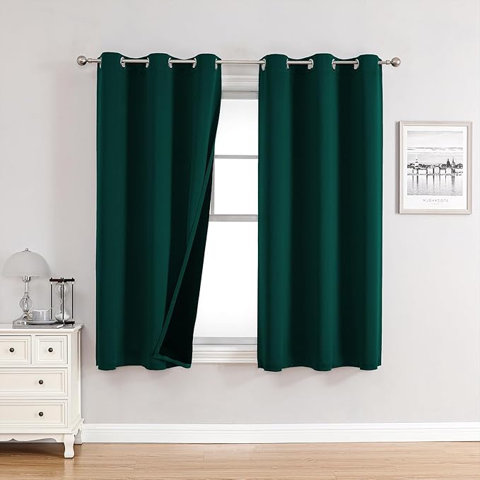 ChrisDowa 100% Blackout Curtains for Bedroom with Black Liner, 2 Thick Layers Total Blackout Thermal Insulated Grommet Small Window Curtains 2 Panels Set (Forest Green, 42 x 54 Inch)