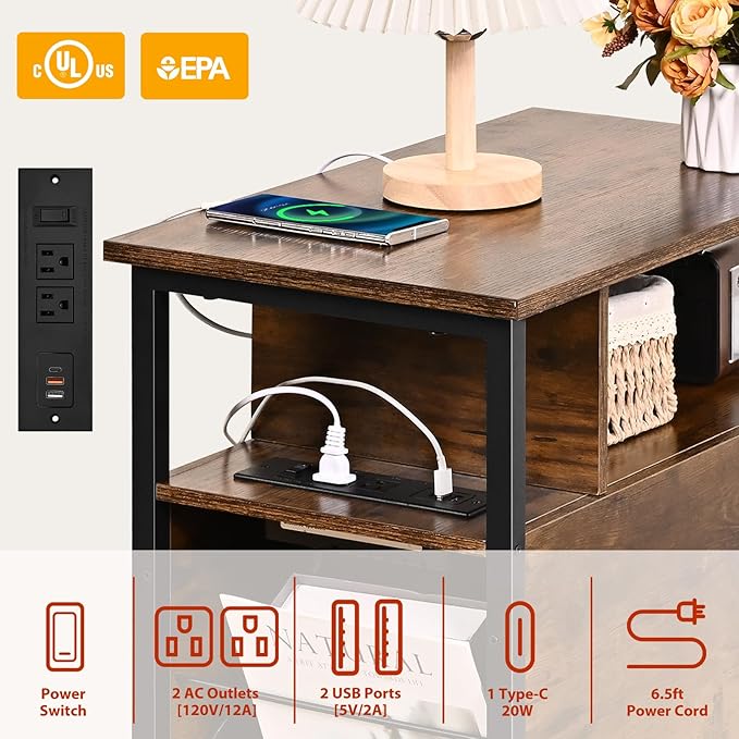 Side Tables with Charging Station, Narrow End Table with 2 Wooden Drawers, USB Ports and Power Outlets, Narrow Nightstand and Bedside Table, Side Tables Living Room, Bedroom, Brown