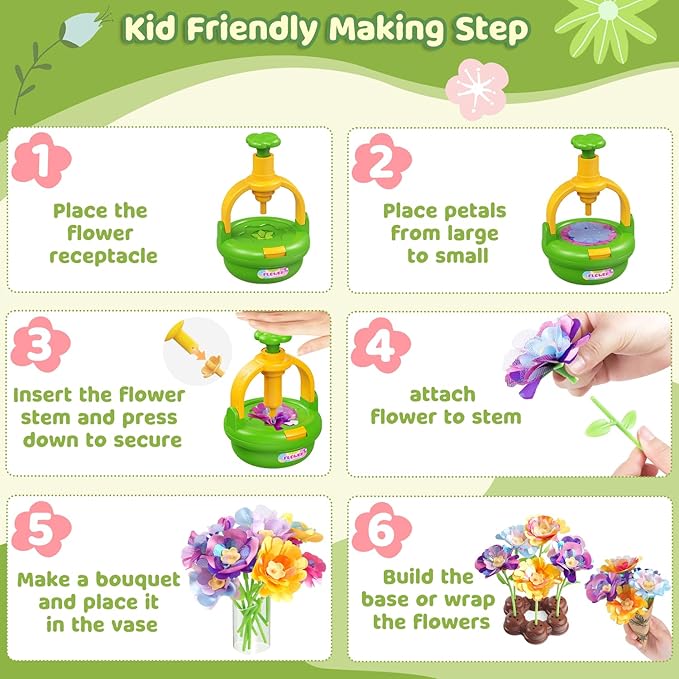 TingingYuli Arts and Crafts Kit for Kids Ages 4-8, Flower Bouquet Toys,DIY Flower Market Toys,Build Your Bouquet,Educational Christmas Birthday Gifts for 3 4 5 6 7 8 9 Year Old Girls-Green