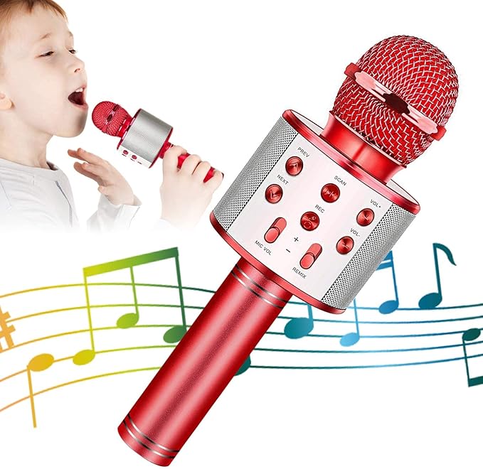 KIDWILL Wireless Bluetooth Karaoke Microphone for Kids, 5-in-1 Portable Handheld Karaoke Mic Speaker Player Recorder with Adjustable Remix FM Radio for Kids Girls Boys Teens Birthday (Red)