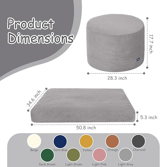 COMAX Kids Bean Bag Chair Turn into Beanbag Bed, Toddler Bean Chair Corduroy for Girl Boy Sleeping, Lazy Children Bean Bags with Filler, Convertible Child Floor Mattress, Light Grey