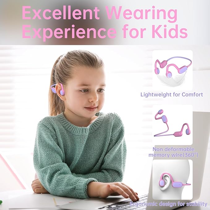 Kids Headphones, Bluetooth 5.2 Air Conduction Open Ear Headphones, 85dB Volume Limiting, Stereo Sound with Mic, IPX5 Waterproof, 20H Playtime, Perfect for School and Outdoor-Pink