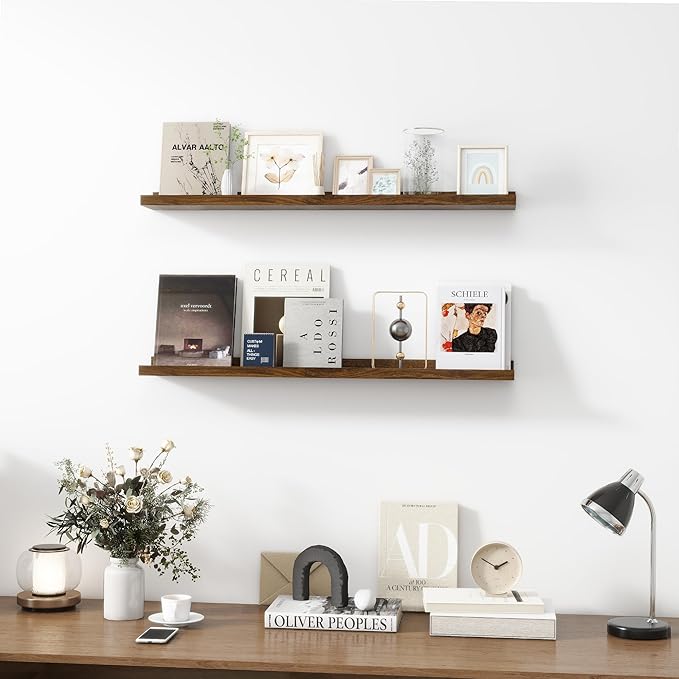 Picture Ledge Shelf, Wood Floating Shelves Set of 2, 36 inch Picture Ledge Shelves, Photo Ledge Nursery Book Shelves Wall Mounted for Living Room Kids' Room Bedroom, Color Walnut