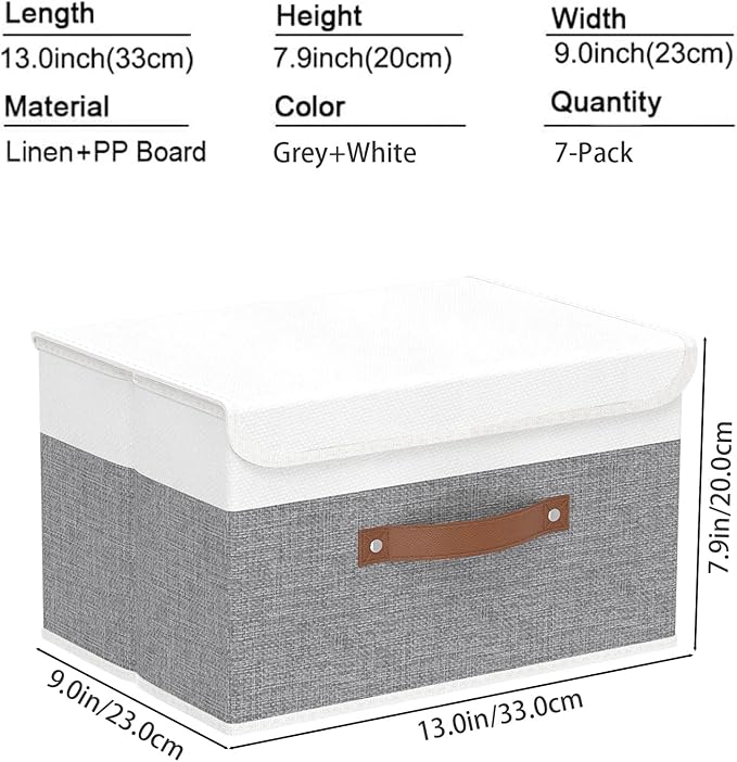 Yawinhe Collapsible Storage Bin, Cube Organizer Basket, Fabric Box with Lids, Washable and Leather Handle, for Home, Closet, White/Grey, 13.0''Lx9.0''Wx7.9''H, 7-Pack, SNK024WGS-7