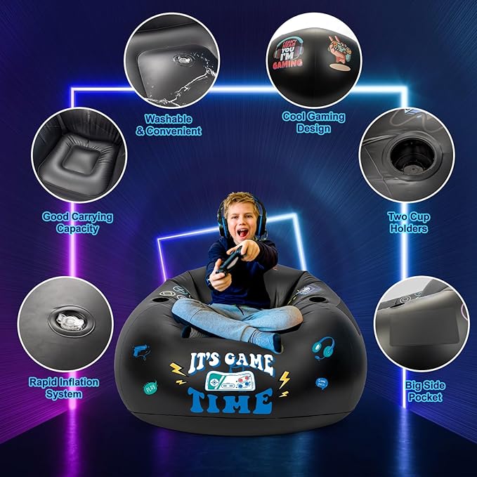 Inflatable Gaming Chair for Kids, Floor Bean Bag Chair for Teens - Boys Room Furniture with Cup Holder and Side Pocket, Inflatable Gaming Couch for Boys Room, Cool Kids Blow Up Couch Decor for Teens
