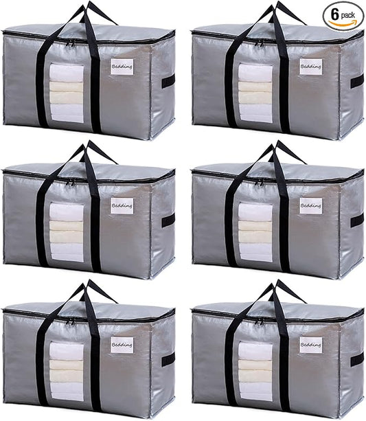 TAILI Extra Large Moving Bags, 6 Pack Silver Heavy Duty Totes For Storage with Visible Window, Wrap Around Handles, Storage Bags for Space Saving, Alternative to Moving Boxes