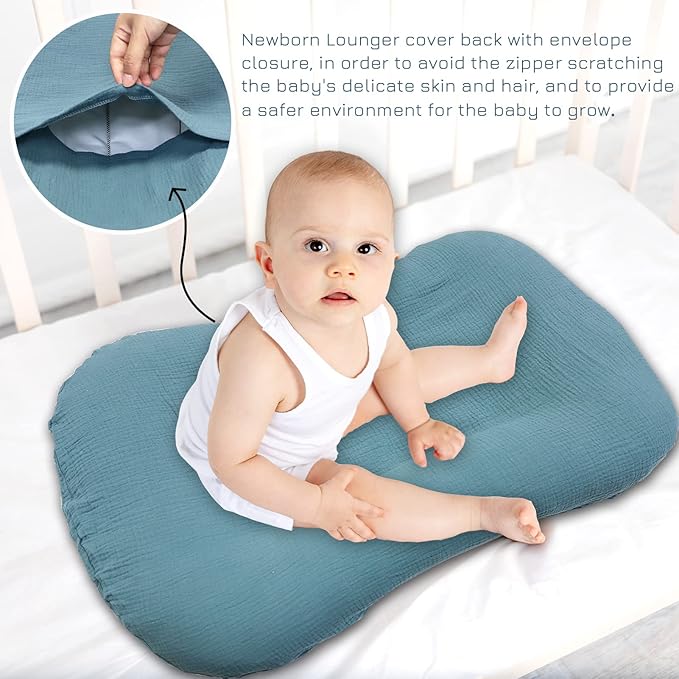 Muslin Baby Lounger Cover Soft Organic Cotton Slipcover Fits Newborn Lounger for Baby Boys and Girls (Blue)