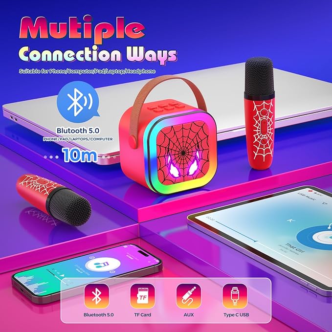 LED Karaoke Machine Toy: Mini Microphone for Kids 4 5 6 7 8 9 10 Year Old Boys Girls Toys Birthday Gifts Portable Bluetooth Speaker with 2 Wireless Mics for Adults Boy Girl Ages 3-12