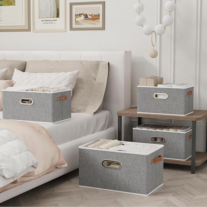 Yawinhe Foldable Storage Baskets for Shelves, Fabric Closet Organizers, Bins with 3 Handles, Cubes for Clothes, Grey, 15''Lx9.8''Wx8.3''H, 4-Pack