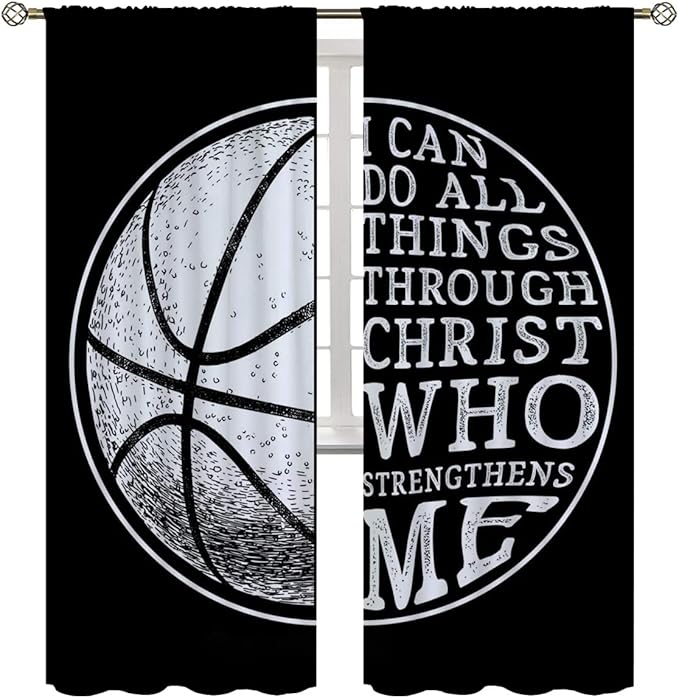 Basketball Blackout Curtains for Boy Girl Room Darkening Decor,Sport Theme and White Motto Dark Background Bedroom Living Room Home Rod Pocket Thermal Insulated Window Curtain/Drapes Panel,84x84 Inch…