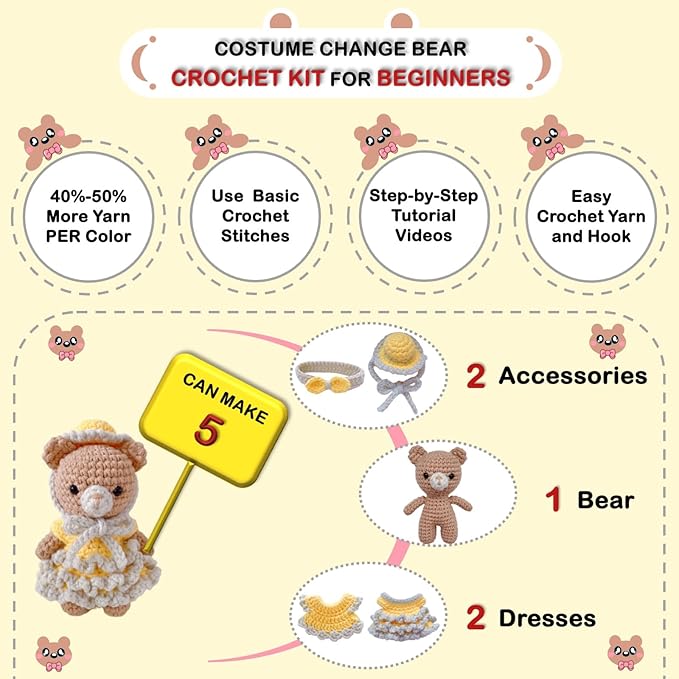 LoopMap Crochet Kit for Beginners - DIY Amigurumi Bear with Removable Dress & Accessories, Step-by-Step Video Tutorials, Extra Yarn, Crochet Tools, Handmade Gift for Kids & Adults(Bear-Yellow)