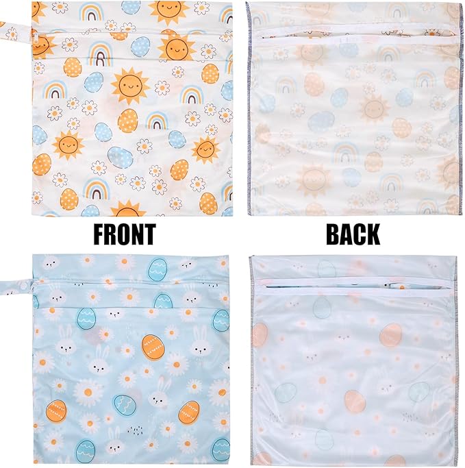 2pcs Cloth Diaper Wet Dry Bags, Waterproof Reusable Wet Bag with 2 Zipper Pockets & Handle, Washable Laundry Bags for Baby Adult Clothes Travel Beach Pool Daycare Yoga Gym Exercise Swimsuits,