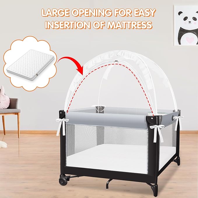 Pack N Play Tent - Mini Crib Tent to Keep Baby from Climbing Out - Crib Net to Keep Baby in - Pop Up Breathable Cribs Cover - Canopy with Upgrade Strong Mesh and Durable Zipper (White, Small)