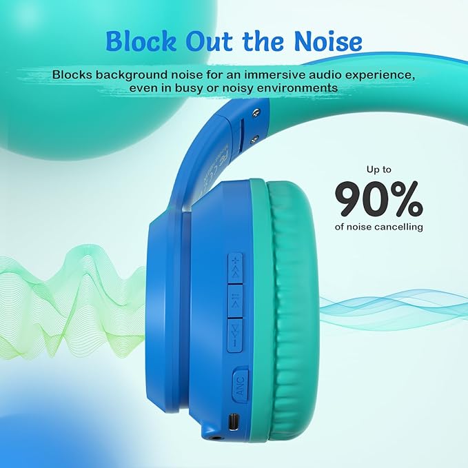 Active Noise Cancelling Headphones for Kids, 60H Playtime, Wireless Bluetooth Over-Ear Blue Headset Built-in Microphone for Home/School/Travel/Party - Includes Portable Case