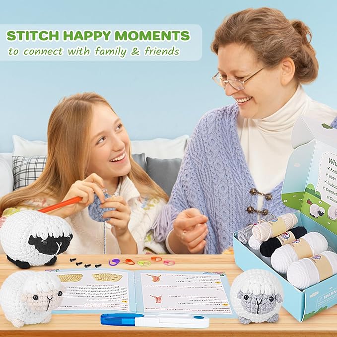 Crochet Kit for Beginners, Crochet Starter Kit with Step-by-Step Video Tutorials, Amigurumi Crochet DIY Knitting Supplies for Adults Kids, 3-Pack Little Lambs (40%+ Yarn)