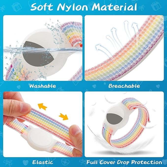 Waterproof Air Tag Bracelet for Kids (2 Pack), Soft Nylon Hidden Air Tag Wristband Full Cover Lightweight GPS Tracker Holder Compatible with Apple AirTag Band for Toddler Child (Light Rainbow/Pink)