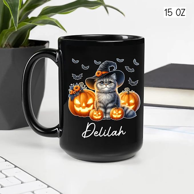 Customized Halloween British Longhair Mug with Name, Personalized British Longhair with Pumpkins Coffee Cup, Witch Cat Ceramic Mug, Pet Halloween Black Cup 11oz 15oz, Gift for Cat Dad Mom