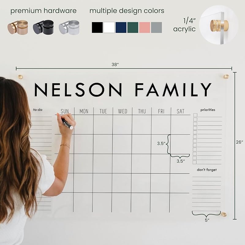 Personalized Clear Acrylic Calendar for Wall, Calendar Whiteboard for Wall, Dry Erase Wall Calendar, Wall Calendar Organizer System for Home (Block, Navy, 38"W x 26"H)