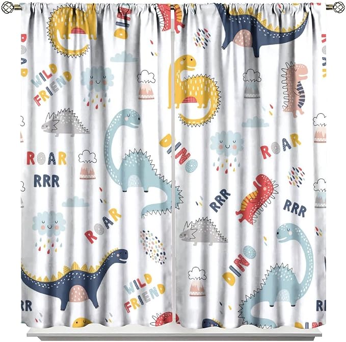 Cartoon Dinosaur Curtains for Kids Boys Girls Home Decor Colorful Cute Dino Animals Print Pattern Rod Pocket Blackout Window Drapes for Nursery Baby Bedroom Playroom W21xL63in 2 Panels