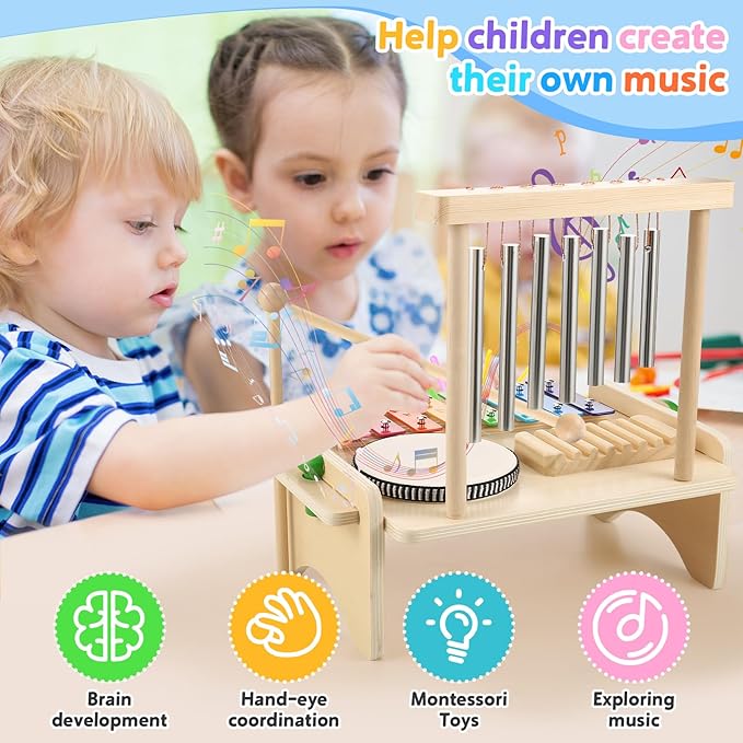 Kids Drum Set,Baby Musical Instrument for Toddler,Wooden Xylophone for Toddlers with Baby Drum Set and Wind Chime,Montessori Musical Instruments Toys for Kids,Musical Toys for Toddlers Birthday Gift