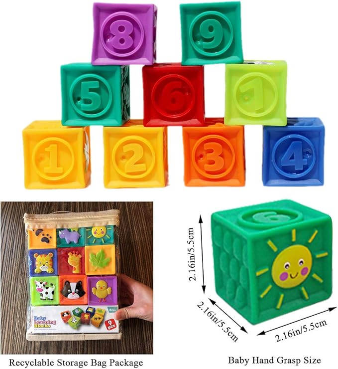 Kingtree Baby Blocks, 9PCS Soft Squeeze Building Blocks Stacking Toys for 6+ Months Babies, Baby Teething Chewing Educational Blocks Set with Numbers Animals Shapes Textures