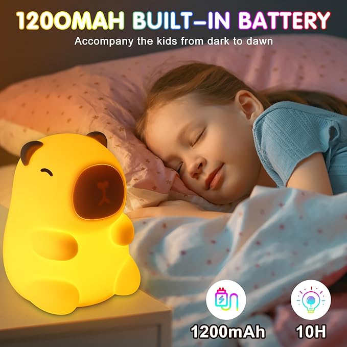 Night Light for Kids, 7 Color Changing BPA-Free Silicone Lamp with Touch Control, Eye Protection, Rechargeable Battery, Soft & Safe Nursery Lamp for Boys & Girls (Turtle Backpack Capybara)