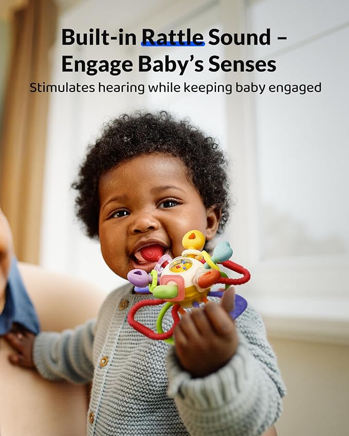 Baby Montessori Sensory Teething Toy – Safe, Multi-Functional BPA-Free Silicone Teether Toy for Babies 0-12 Months – Vibrant Rattle for Teething Relief & Fun Play – Perfect Baby Toys for Boys & Girls