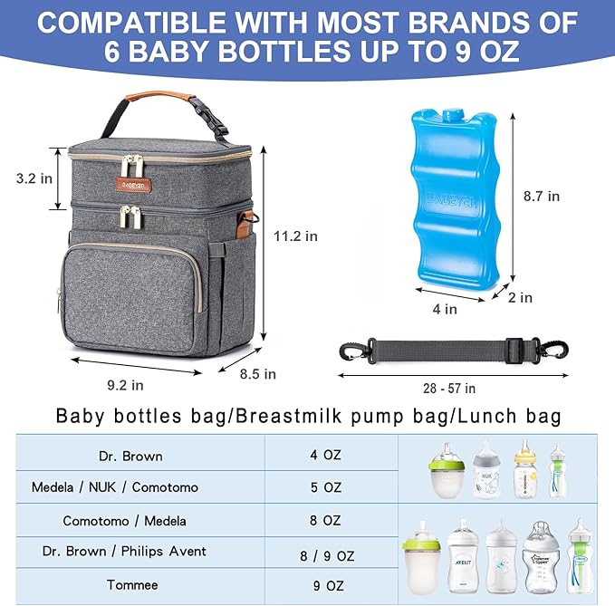 Insulated Breastmilk Cooler Bag with Ice Pack - Holds 6x9oz Bottles, Leakproof Double Layer, Baby Bottle Cooler Bag with Adjustable Strap for Nursing Moms, Daycare & Travel