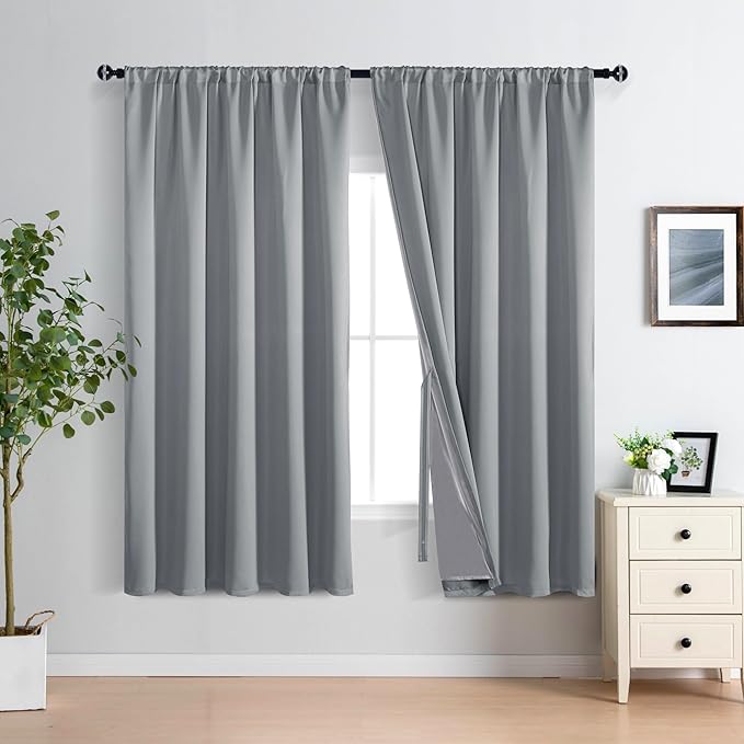 XWZO 100% Blackout Curtain Panels - Rod Pocket Thermal Insulated Black Liner, Noise Reducing and Heat Blocking Drapes for Hall and Extra Wide Windows with Tiebacks, Grey, W70 x L63, Set of 2