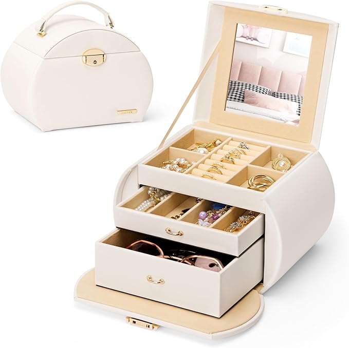 Homde Girls Jewelry Box Jewelry Storage Case Organizer with Mirror for Rings, Earrings, Bracelets, Necklaces (White + Gold)