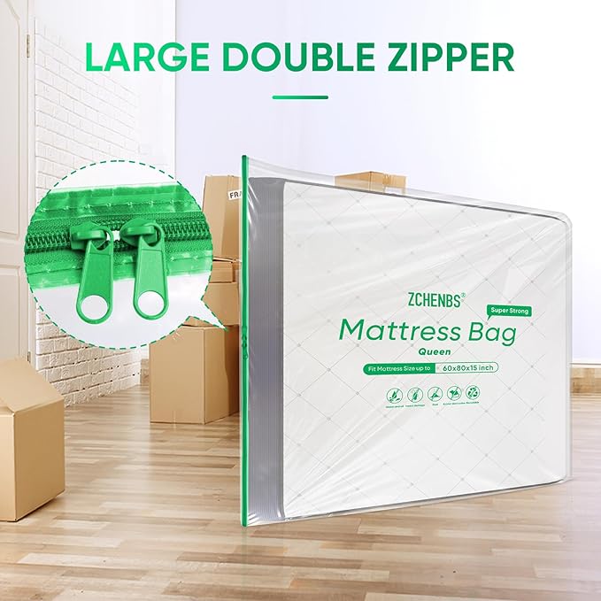 ZCHENBS® – Mattress Bags for Moving and Storage,Mattress Bag with Zippers,5 Mil Ultra-Thick Bed Bag,Waterproof,Anti-Tear,Heavy-Duty Mattress bag (Tansparent/Green, Queen-(1 Pack))