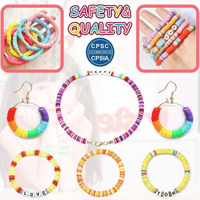 Redtwo 7400 Pcs Clay Beads Bracelet Making Kit for Biginner, 48 Colors for Friendship Jewelry Making Kit, Flat Polymer Heishi Beads with Charms Gifts for Teen Girls Crafts for Girls Ages 8-12