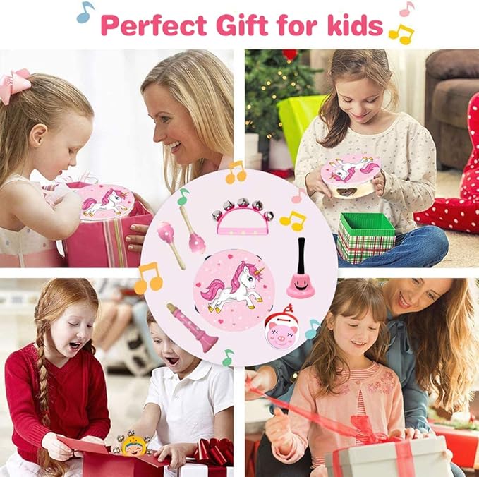 Kids Musical Instruments Sets, 12pcs Wooden Percussion Instruments Toys Tambourine Xylophone for Kids Playing Preschool Education, Early Learning Musical Toys for Boys Girls Gift (Pink)