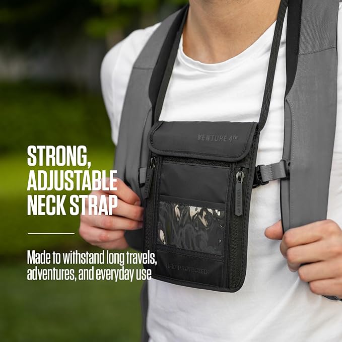 VENTURE 4TH Passport Holder Neck Wallet with RFID Blocking Nylon Lining - Hidden Neck Pouch for Travel (Sleek Black)