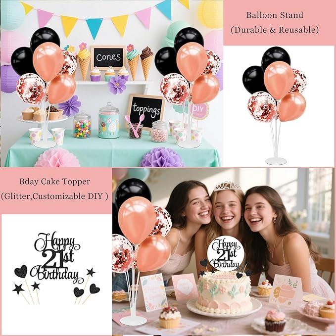 21st Birthday Decorations for Girls Women - 56pcs Rose Gold Happy 21st Banner, 21st Birthday Crown Sash, Cake Topper, Number 21 balloons, 3D Butterflies, 4 Balloon Stands kits