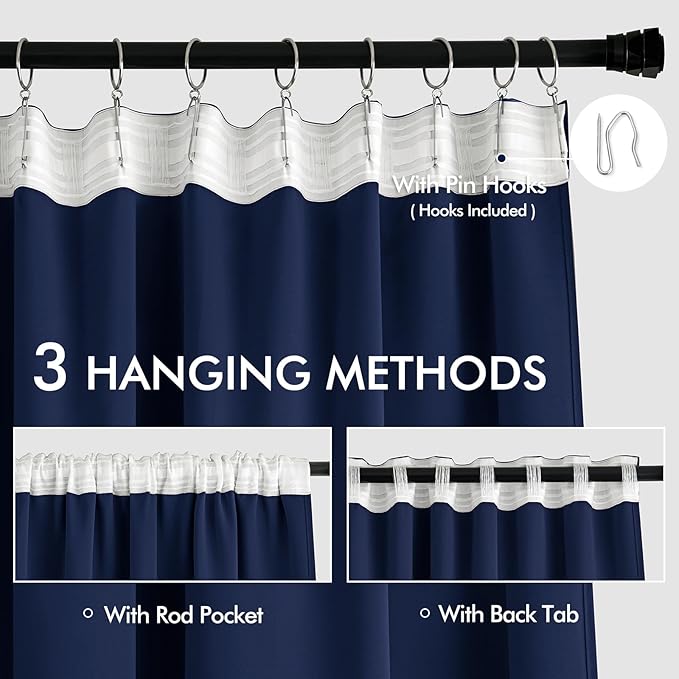 MIULEE Navy Blue Back Tab Blackout Curtains 120 Inch Long 2 Panels Set for Bedroom, Rod Pocket/Pinch Pleated Extra Long Thermal Insulated Living Room Darkening Light Blocking 10FT Drapes