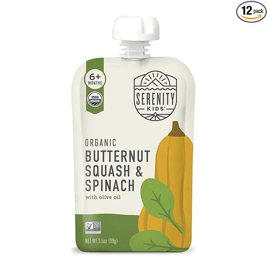 Serenity Kids 6+ Months Veggie Puree Baby Food Pouches - Butternut Squash & Spinach - USDA Organic No Added Sugar Allergen Free BPA-Free - Healthy Toddler Food - 3.5 Oz, 12 Pack