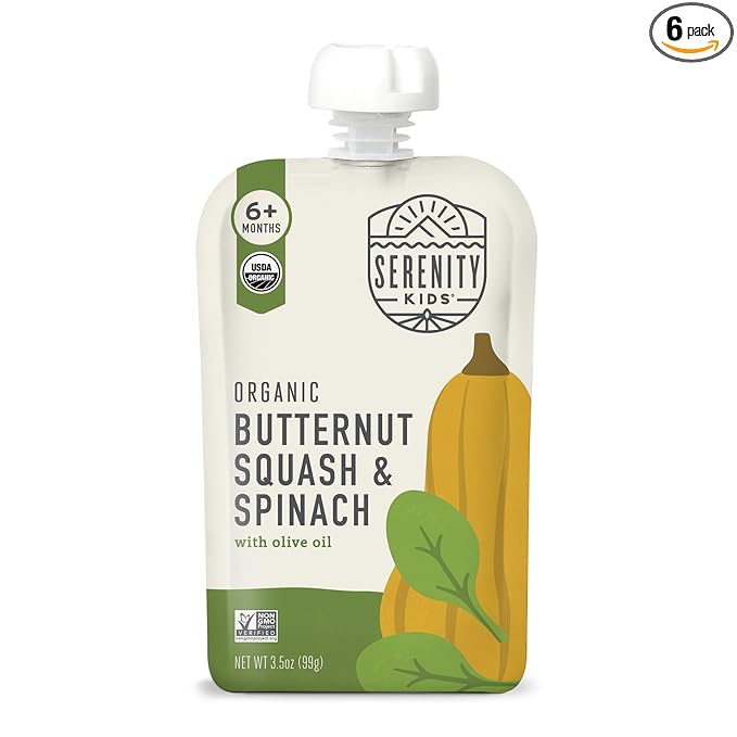 Serenity Kids 6+ Months Veggie Puree Baby Food Pouches - USDA Organic No Added Sugar - Butternut Squash & Spinach Blend - BPA & Allergen Free - 3.5 Oz, 6 Pack