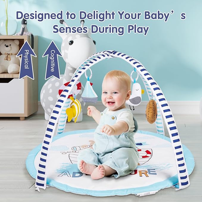 Activity Gym, Baby Play Gym Mat for Toddlers, 0-18 Months Tummy Time Play Mats, Infant Play Gym with Detachable Toys for Sensory Exploration and Motor Skill Development, PM2406