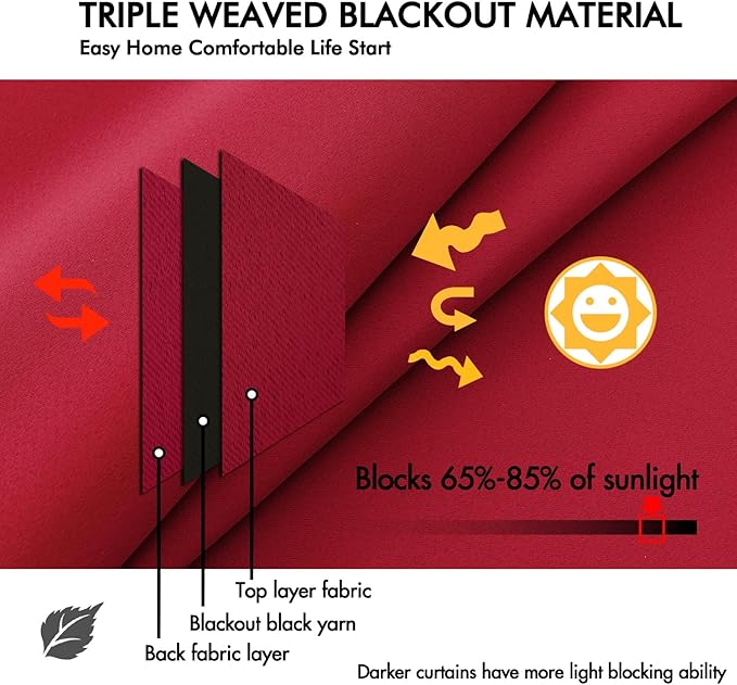 ANRODUO Back Tab Blackout Curtains for Bedroom Living Room, Rod Pocket Pinch Pleated Thermal Insulated Room Darkening Curtains 63 Inches Long 2 Panels, Red, 42 x 63 Inch