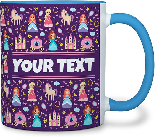 Personalized Mug for Kids - Princesses - Custom Name/Text, Ceramic Hot Chocolate/Cocoa/Coffee Cup for Girls, Birthday/Christmas/Holiday Gift - 11 oz, Light Blue Handle